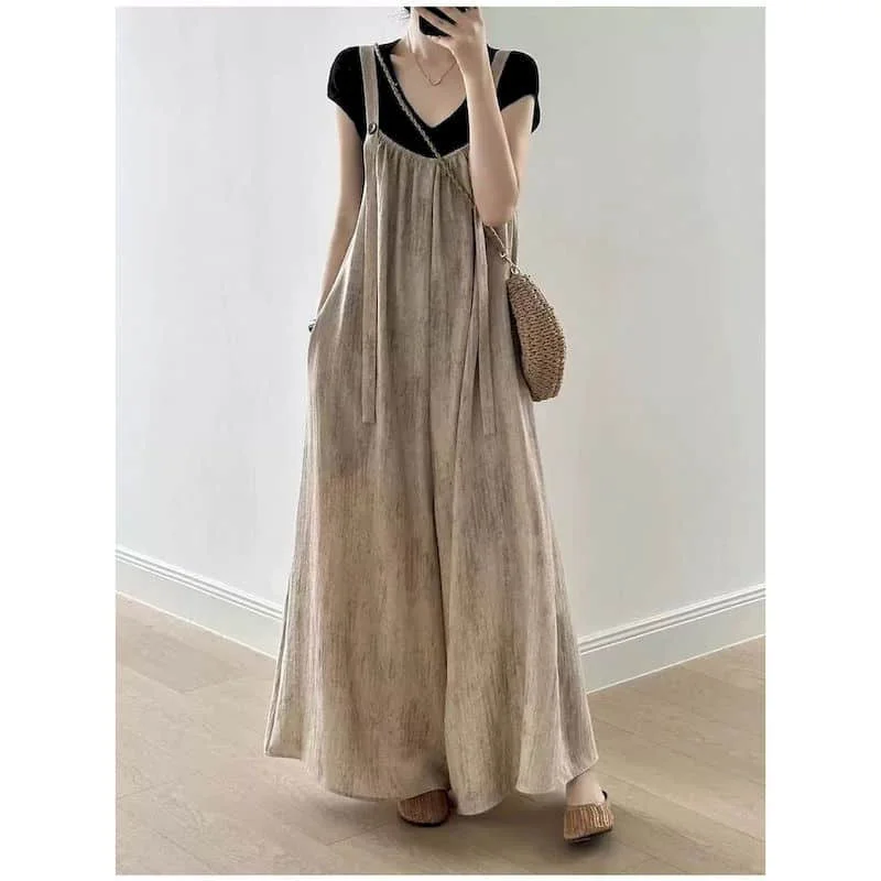 

Solid Color Jumpsuit Women Linen Sleeveless Flowing Summer Loose One-piece Trousers Casual Ankle-Length Elegant Wide Leg Pants
