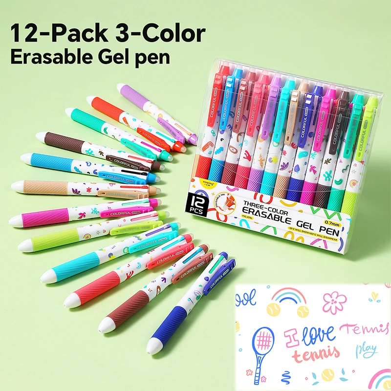 12-Pack 3-Color Erasable Gel Pens 0.7mm Multi Color Retractable Pens For Students Writing Note Taking Office Supplies