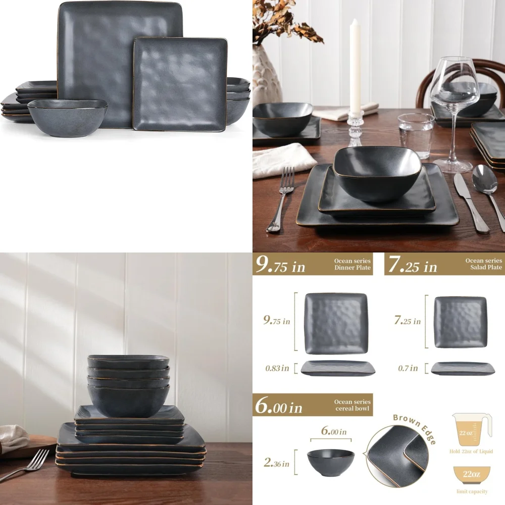 طقم أدوات مائدة سيراميك مكون من 12 قطعة طقم أواني طعام تتسع لـ 4 أشخاص بتصميم مربع وأطباق وأوعية آمنة للميكروويف مثالية للحديث #1