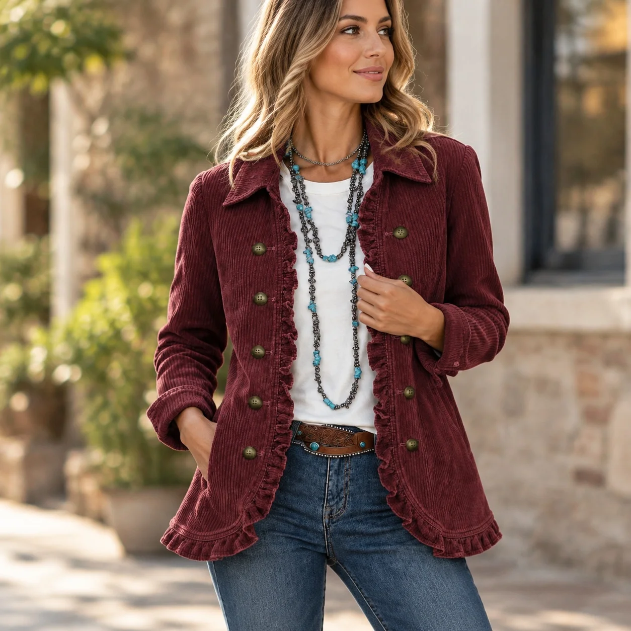 Ruffle Turn Down Collar Coat Short Length Fresh Sweet Style with Relaxed Fit Single Breasted Multi Button Jacket Women Coat
