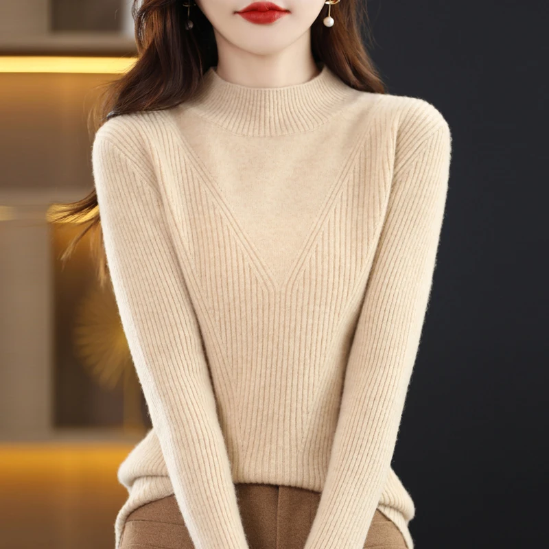 

100% Pure Wool Knit Women's Sweater Half Turtleneck Solid Color Long Sleeve New Winter Fashion Slim Warm Wool Sweater