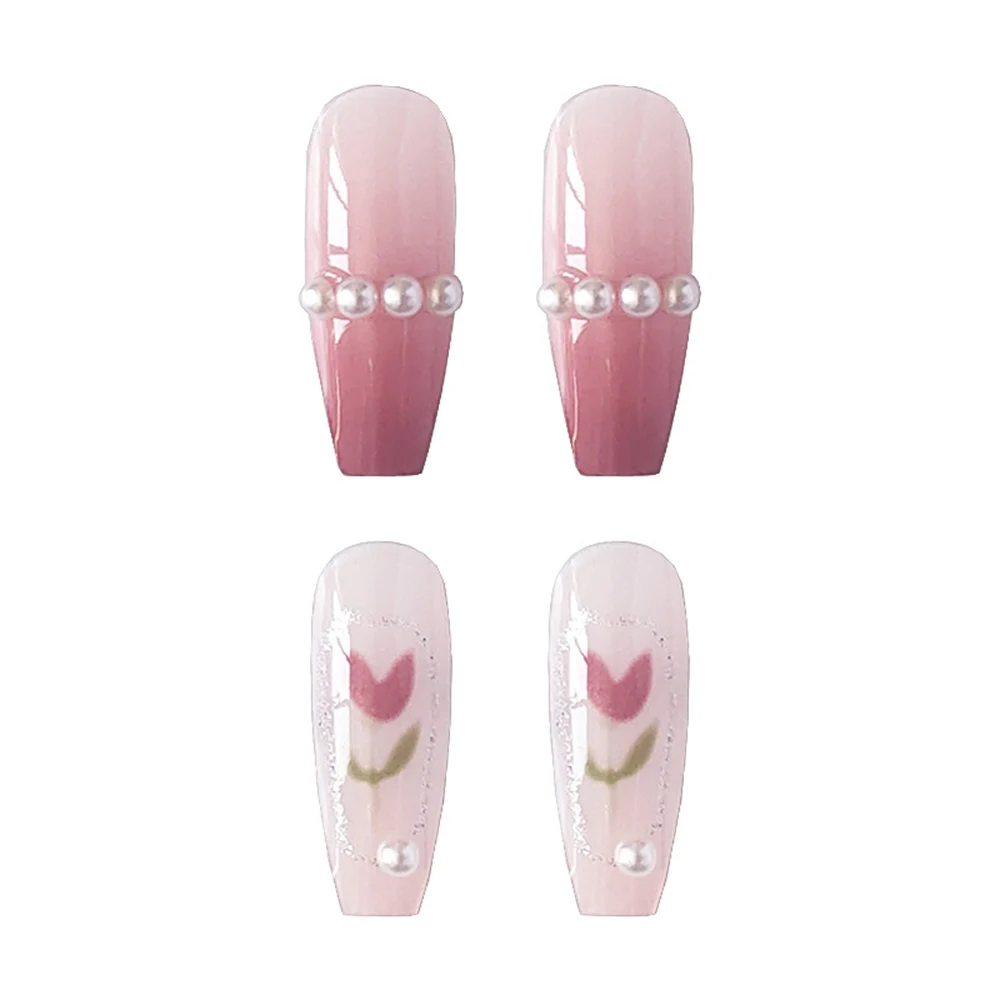 Tulips Print False Nails Reusable Gradient Full Cover Press Nails For Women