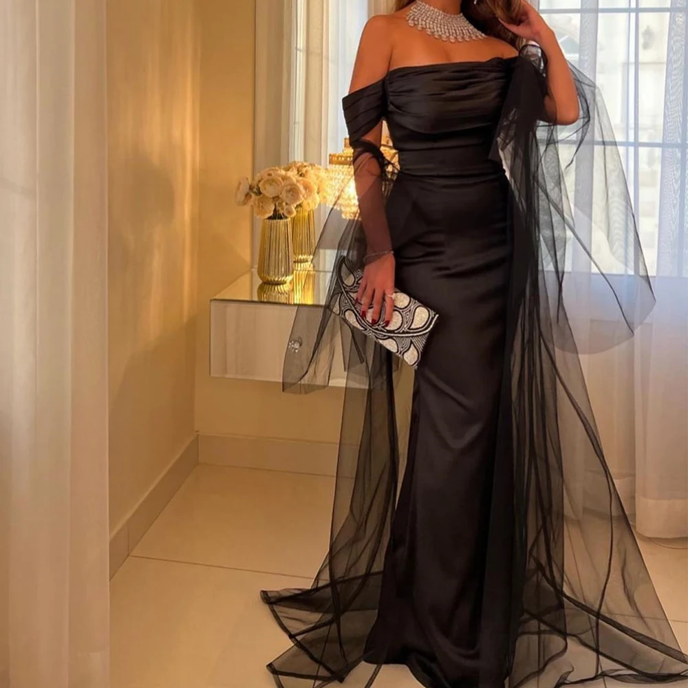 

Customized Satin Straight Off the Shoulder shawl Evening Dress Floor Length Strapless Short Sleeves Watteau Train Black Formal