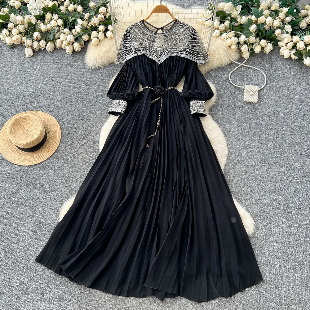 

Women Sequins Net Fabric Spliced Dresses Pleated Dress Long Lantern Sleeve O Collar Belt Waist Loose Casual Elegant 2025 Autumn