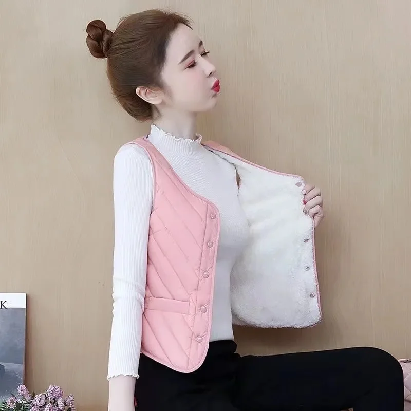 2025 Autumn Winter Velvet Women's Light Thin Cotton Tank Top New Korean Velvet Warm Sleeveless Short Jacket Female Waistcoat