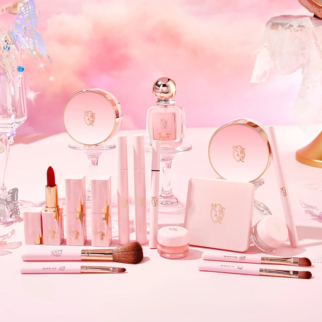 18Pcs Colored Glaze Butterfly Makeup Gift Set with Premium Lighted Makeup Mirror, Full Kit Includes Eyeshadow Blush Lip Palette, Complete Starter Makeup Kit, Valentine & Birthday Gift for Girlfriend & Wife