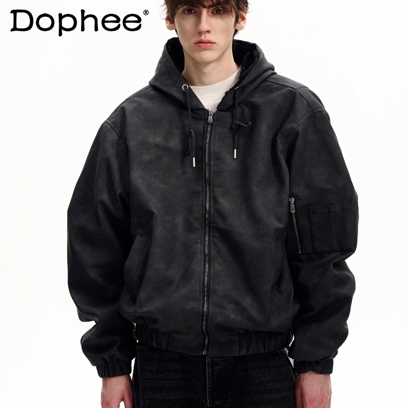 

Men Women 2025 Winter New Men's High-End Coats Hooded Thickened Faux Leather Jackets Parkas Fashion Long Sleeve Outerwear Coats