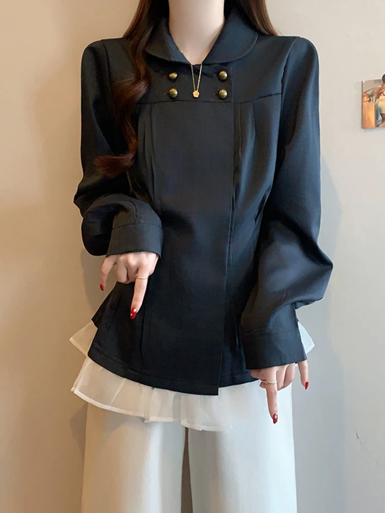 

Ele Long Sve irt Women's Spring Faion Design Slimming Waist T Top Lace Trim Casual Wear Outdoor Travel