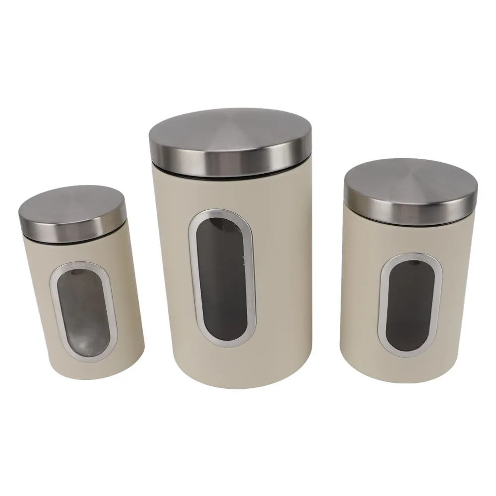 3PCS Clear Iron Kitchen Canisters Set s/m/l Beige/Black Coffee Canister Set Airtight Container Set Bar Storage