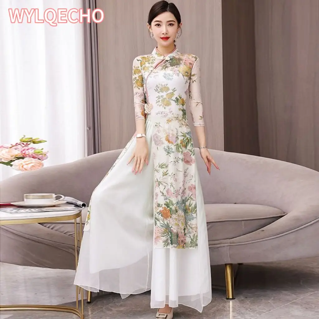 

2024 chinese vintage dance dress national flower print chiffon dress pants set oriental stage performance practice dance qipao