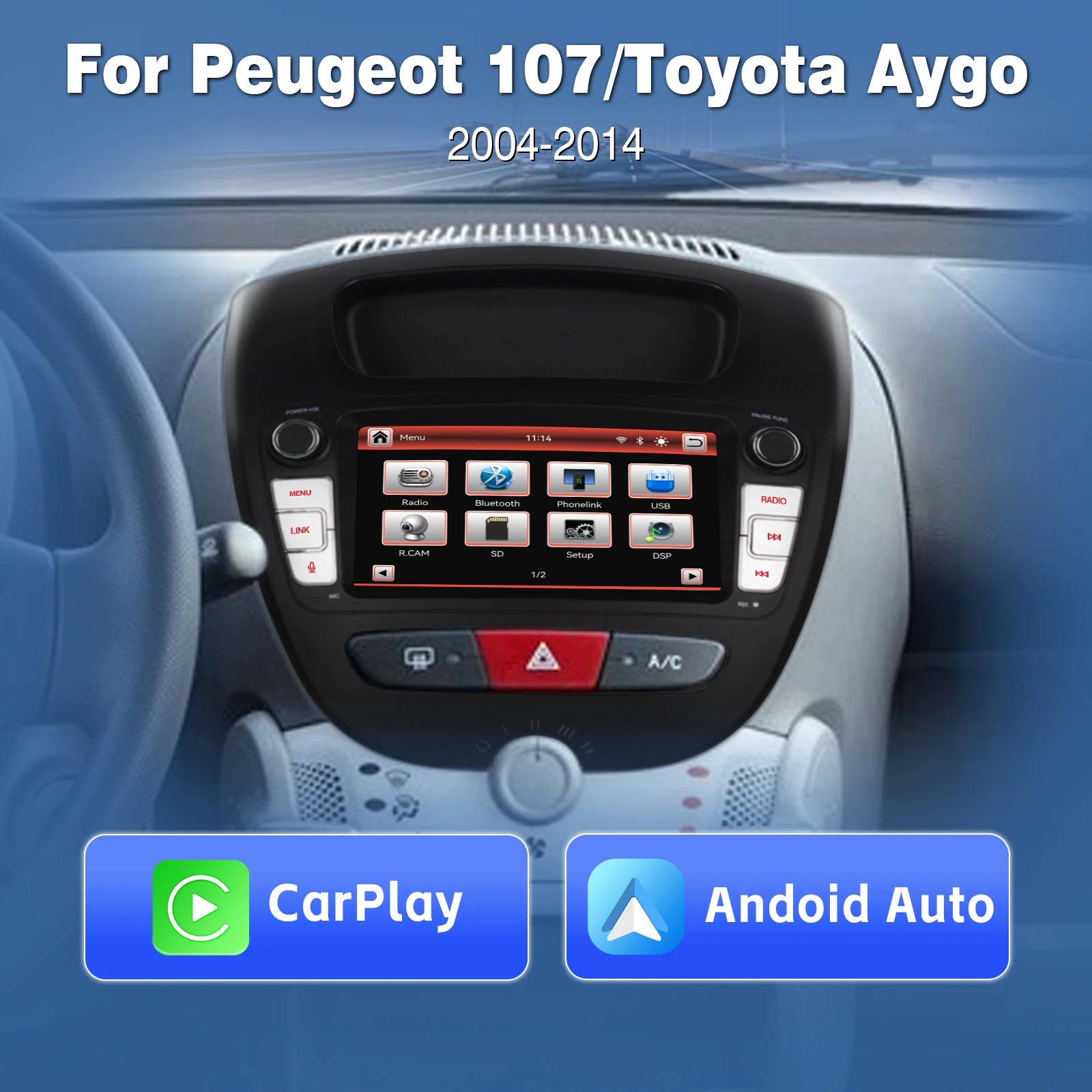 IPS Car Radio for Peugeot 107 Toyota Aygo Citroen C1 with Wireless Carplay AHD Rear View Camera Android Auto DAB+ BT SWC