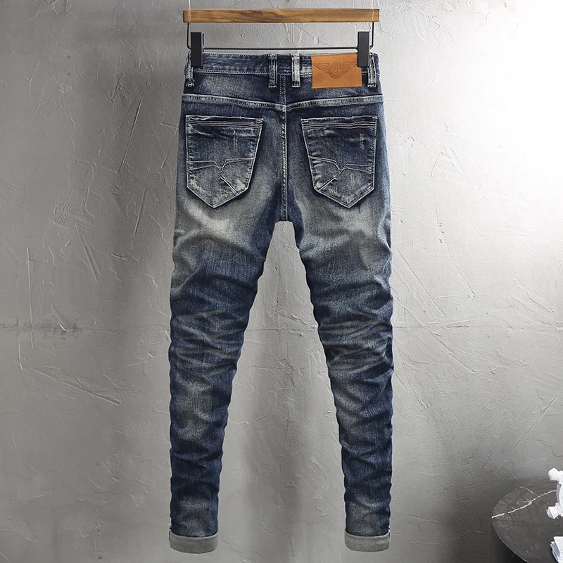 Estilo italiano moda masculina jeans de alta qualidade retro lavado azul estiramento fino ajuste vintage rasgado jeans masculino designer calças jeans