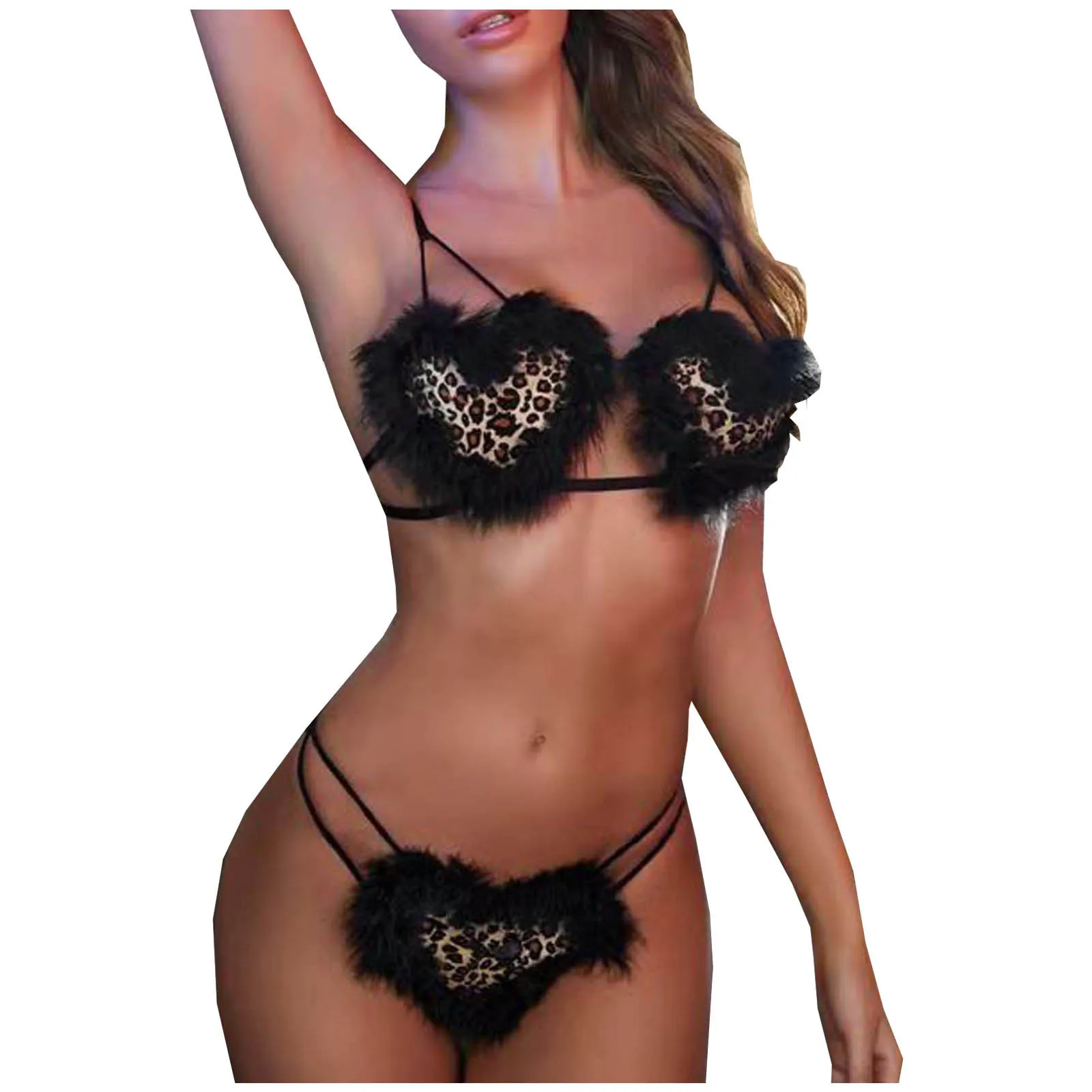 Sex Underwear Sexy Women's Black Heart Leopard Print Three-Point Sex Set Plush Leopard Print Sex Set Exotic Porn Underwear Sissy