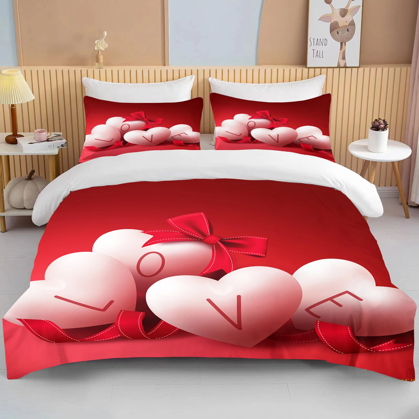 Love Heart Valentine's Day Red Pink Rose Flower 3D Bedding Set Duvet Cover Comforter Bed Linen For Couple Twin Queen King