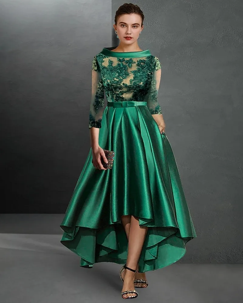 

Green High Low Prom Party Dress 3/4 Length Sleeve Jewel Satin with Pleats Appliques Pageant Evening Formal Gown Robe De Soriee