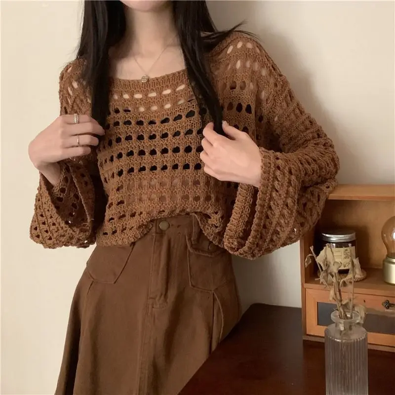 Spring Summer Round Neck Long Sleeve Skeleton Knit Sweater Women Thin Stacked Sunscreen Coverall Loose Short Tops Outerwear