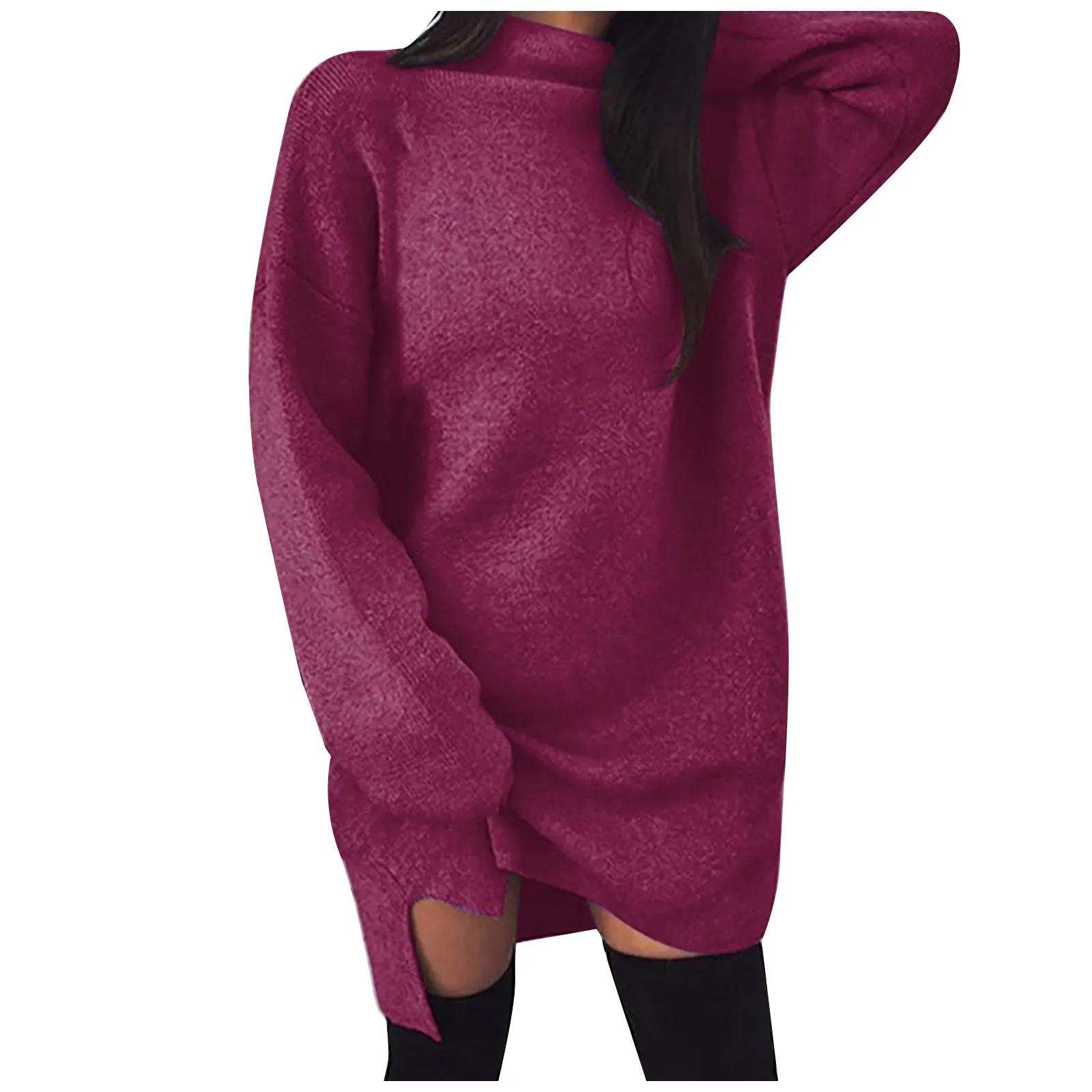 فستان كبير الحجم بنمط كسول النسخة الكورية بلون سادة كاجوال بياقة مدورة وأكمام طويلة للسيدات فستان منسوج ملابس الشارع