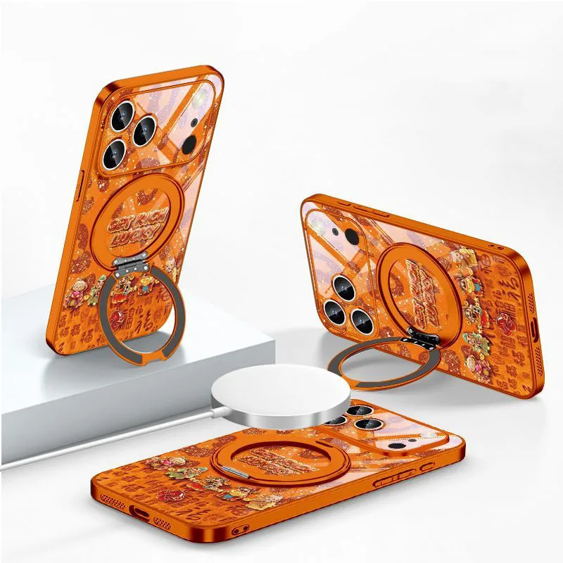 

Suitable for Iphone Get Rich Lucky Magnetic Phone Case with Rotating Ring Stand MagSafe Compatible Shockproof Protective Kawaii