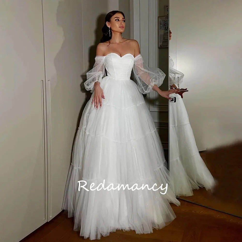 

Redamancy White Sweetheart A-Line Tullle Princess Wedding Dresses Off the Shoulder Beaded Long Puff Sleeves Bridal Gowns