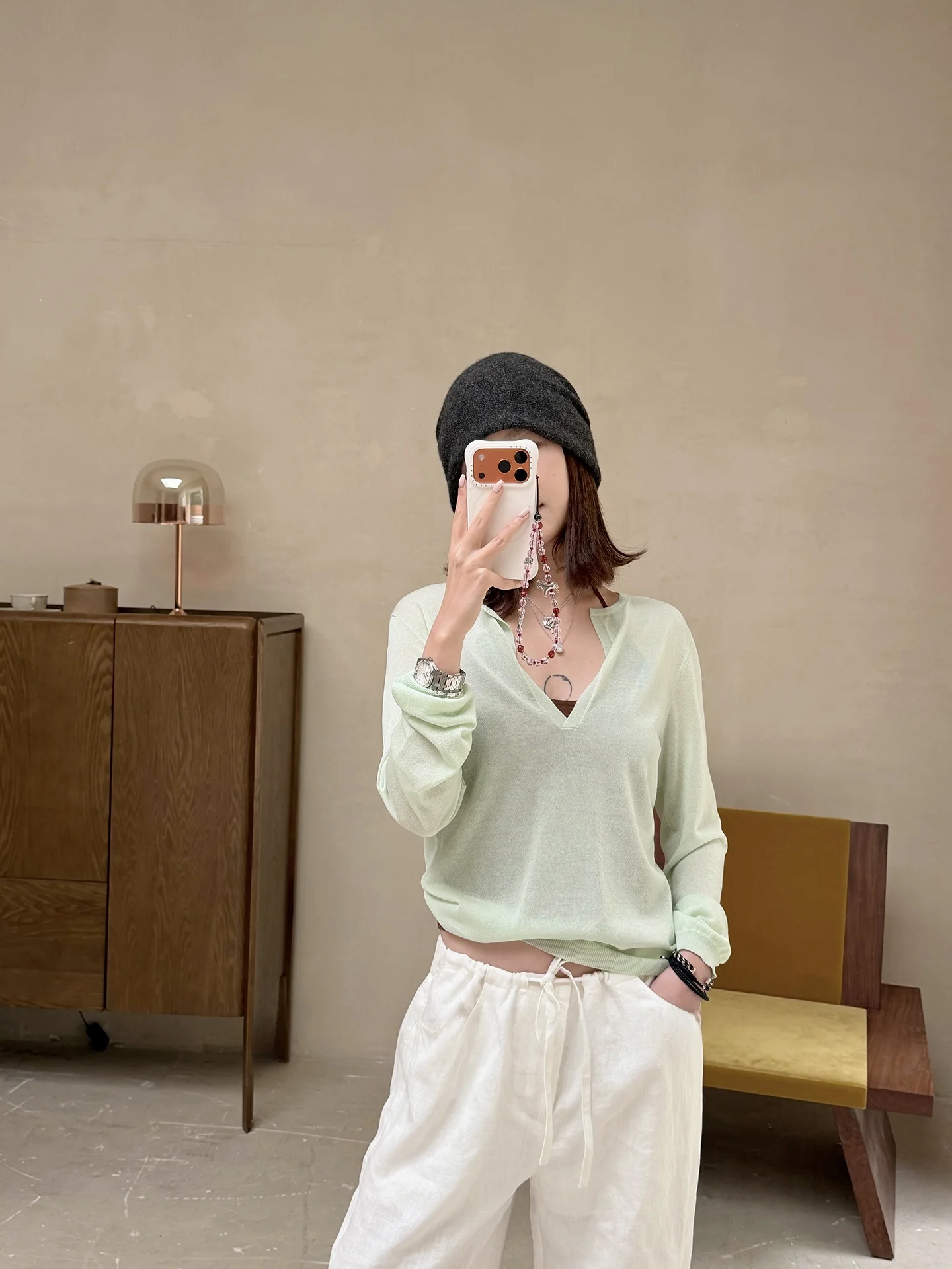 

F Attidue High-End Loose Set 89% Lenzing Hemp Salt And Pepper Green Oversize V-Neck Long Sleeve Women's Knitted Top
