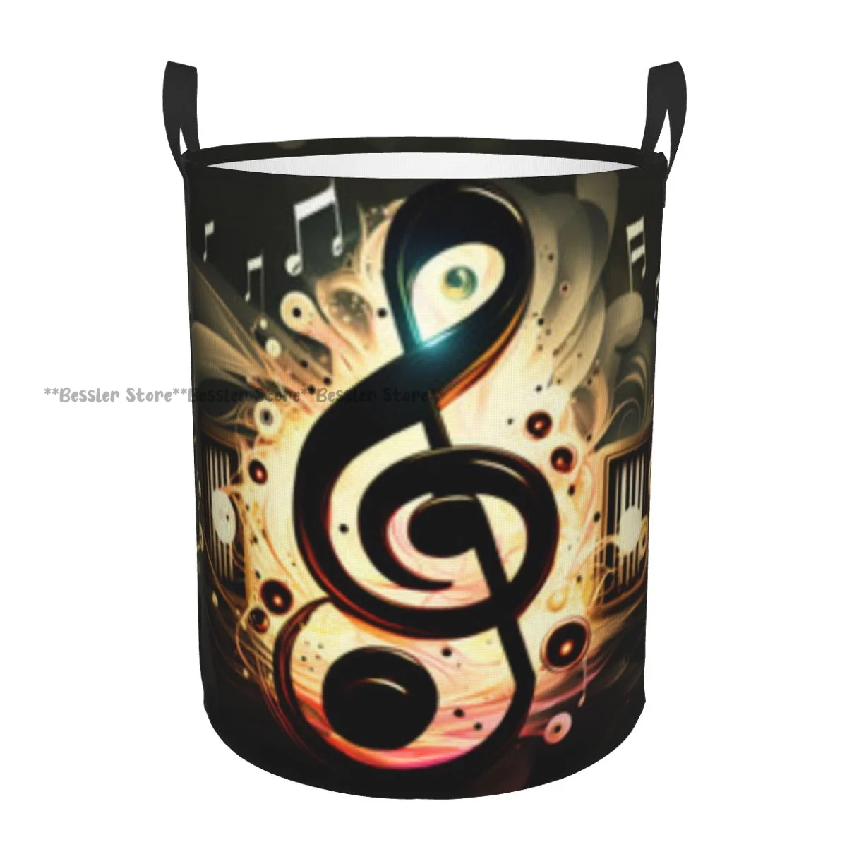 Laundry Basket Abstract Music Notes And Swirls Round Storage Bin Collapsible Hamper Clothes Bucket Organizer