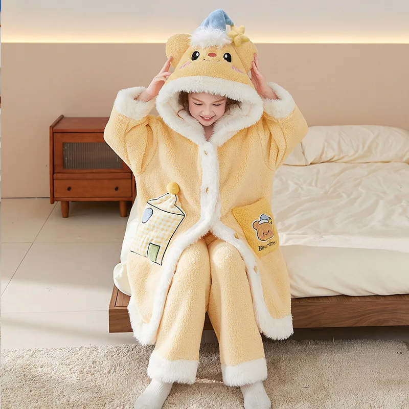 

2Pcs Kawaii Children Plush Pajamas Kawaii Cartoon Anime Coral Fleece Hooded Thicken Warm Cute 2025 Winter New Korean Homewear