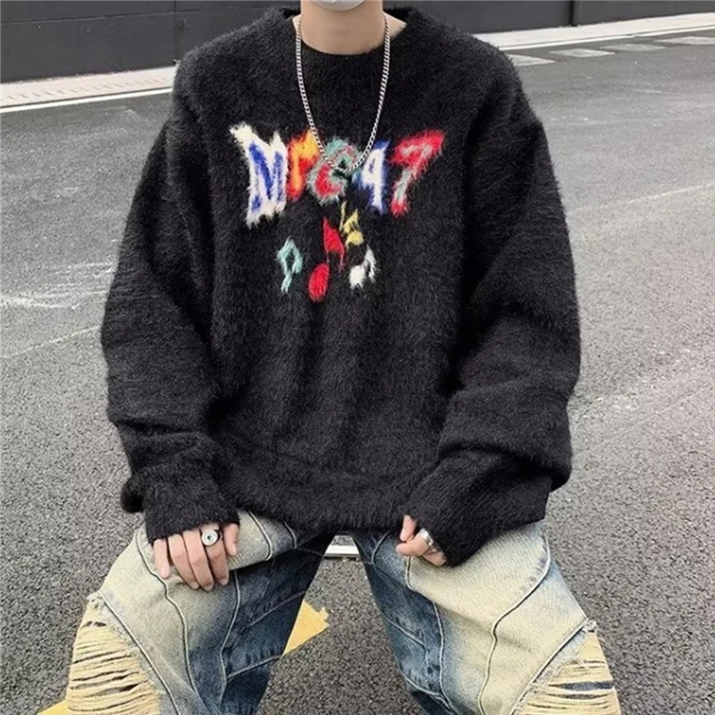 

Winter American Retro Letter Print Crewneck Knitwear For Men Harajuku Fashion Graffiti Y2K Sweaters Loose Knitted Pullovers