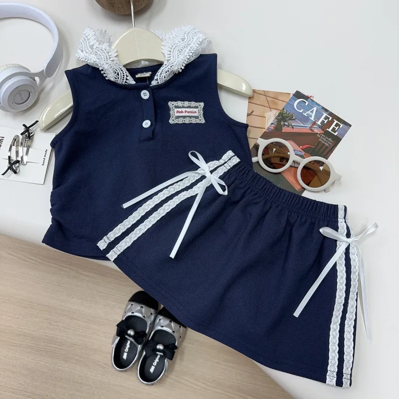 

Children's Outfit Skirt New Summer Girls' Academy Style Casual Hooded Lace Patchwork Vest Skirt Pants Two-Piece Set Trendy