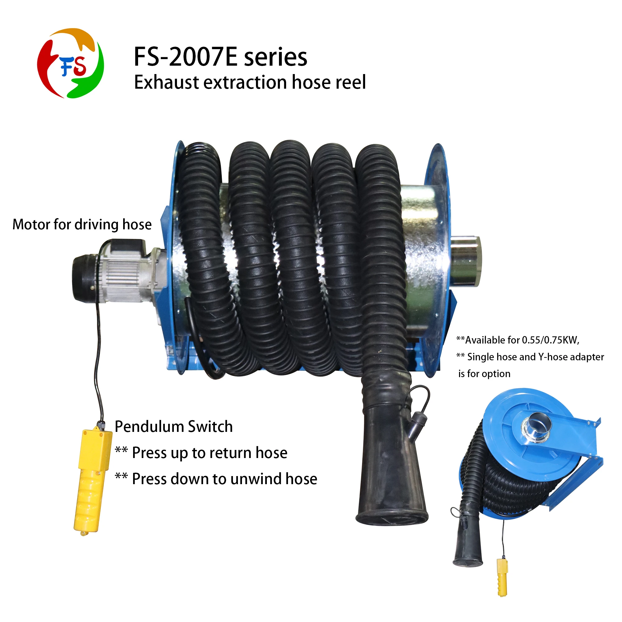 CE ISO Wall Mounted Motor Driven Exhaust Extraction Hose Reel High Airflow Low Noise Handle Suction Nozzle Workshop OEM Rubber