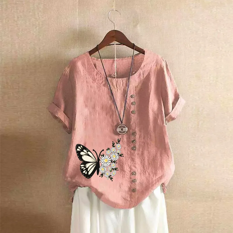 Summer Blouse 2024 Women Casual Loose Fitting Short Sleeved Pullover Cotton Linen Pullover Shirt Tops Butterfly Print Shirts