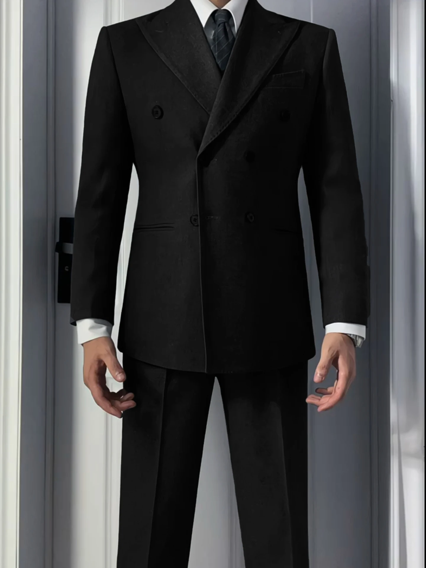 

Ele Briti Sle Men's Bla Suiting Jaet with Waist Cinching Trendy oulder Pad Design Casual Chic Outerwear