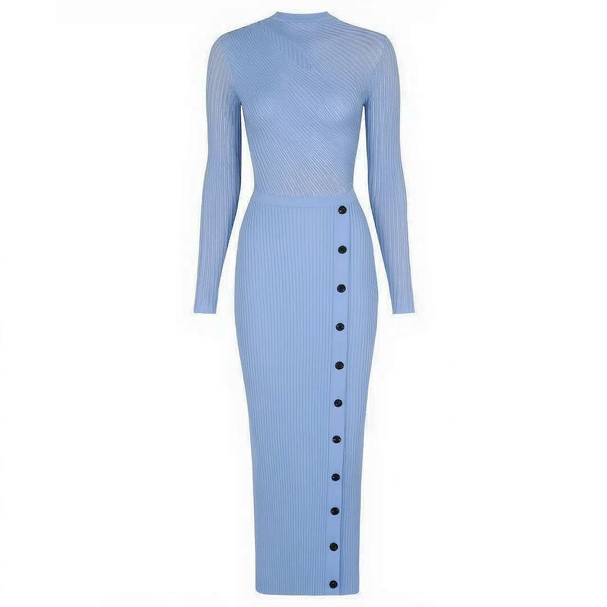 

Высокое качество, осеннее новое модное эластичное трикотажное универсальное облегающее и утягивающее платье средней длины с длинными рукавами