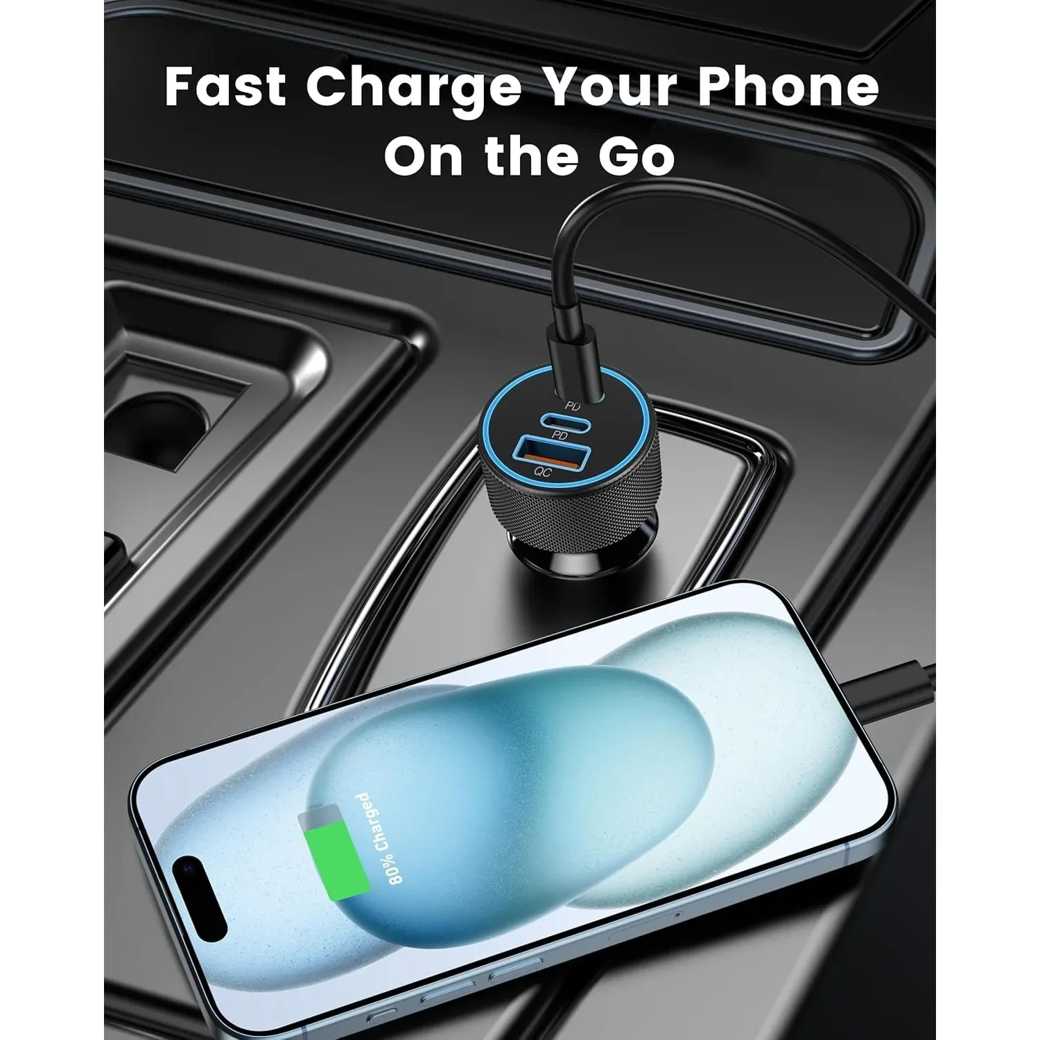 67W 3 Port Vehicle Fast Charging Adapter Dual PD USB C + QC USB A Multi Port Car Charger For Cell Phone Tablet Laptop