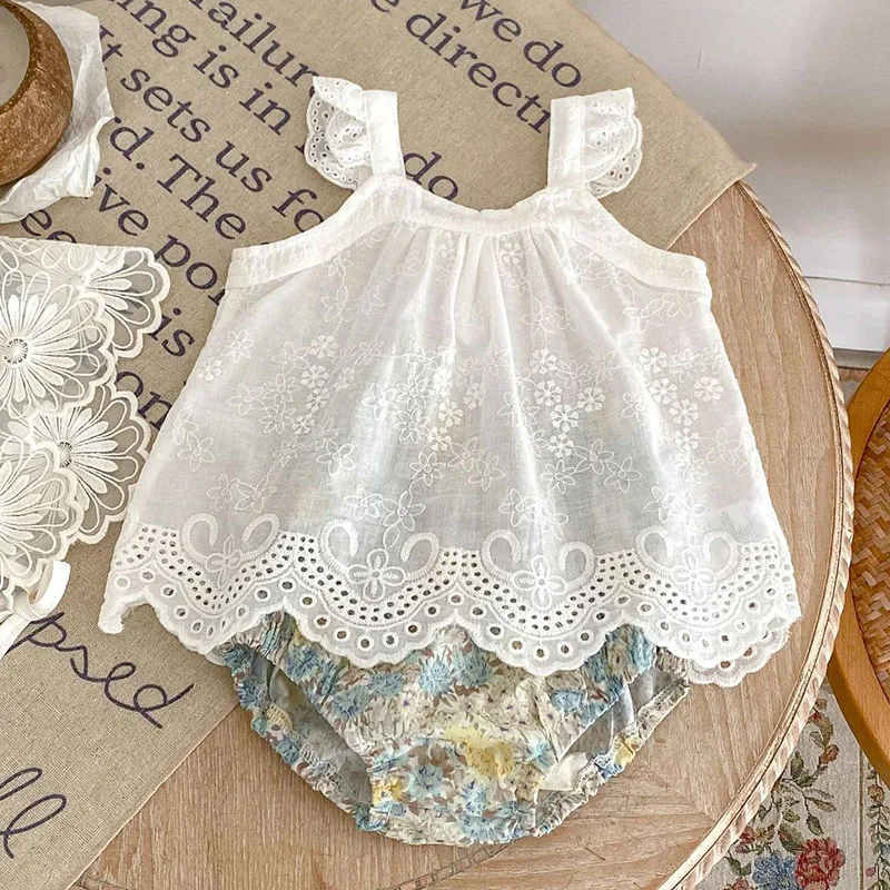 

2025 New Summer Infant Baby Girls Clothing Set Sleeveless Cotton Solid Color Vest+Printing PP Shorts 0-3Yrs Children Clothes