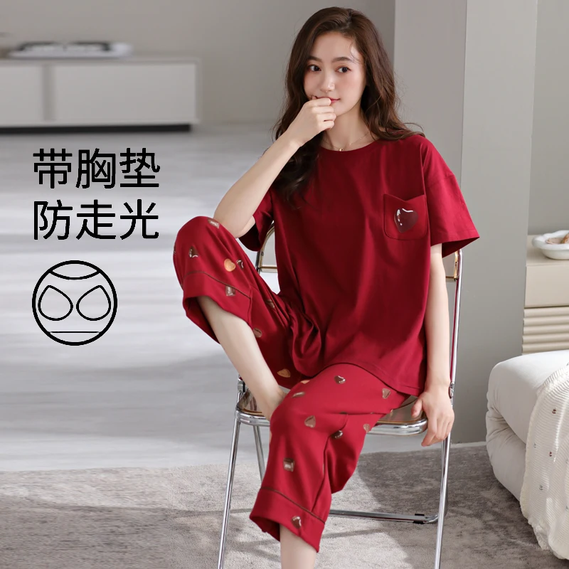 High Quality Summer Women100% Cotton Sleepwear With Chest Pad Female Short Top+Calf-Length Pant Pyjamas