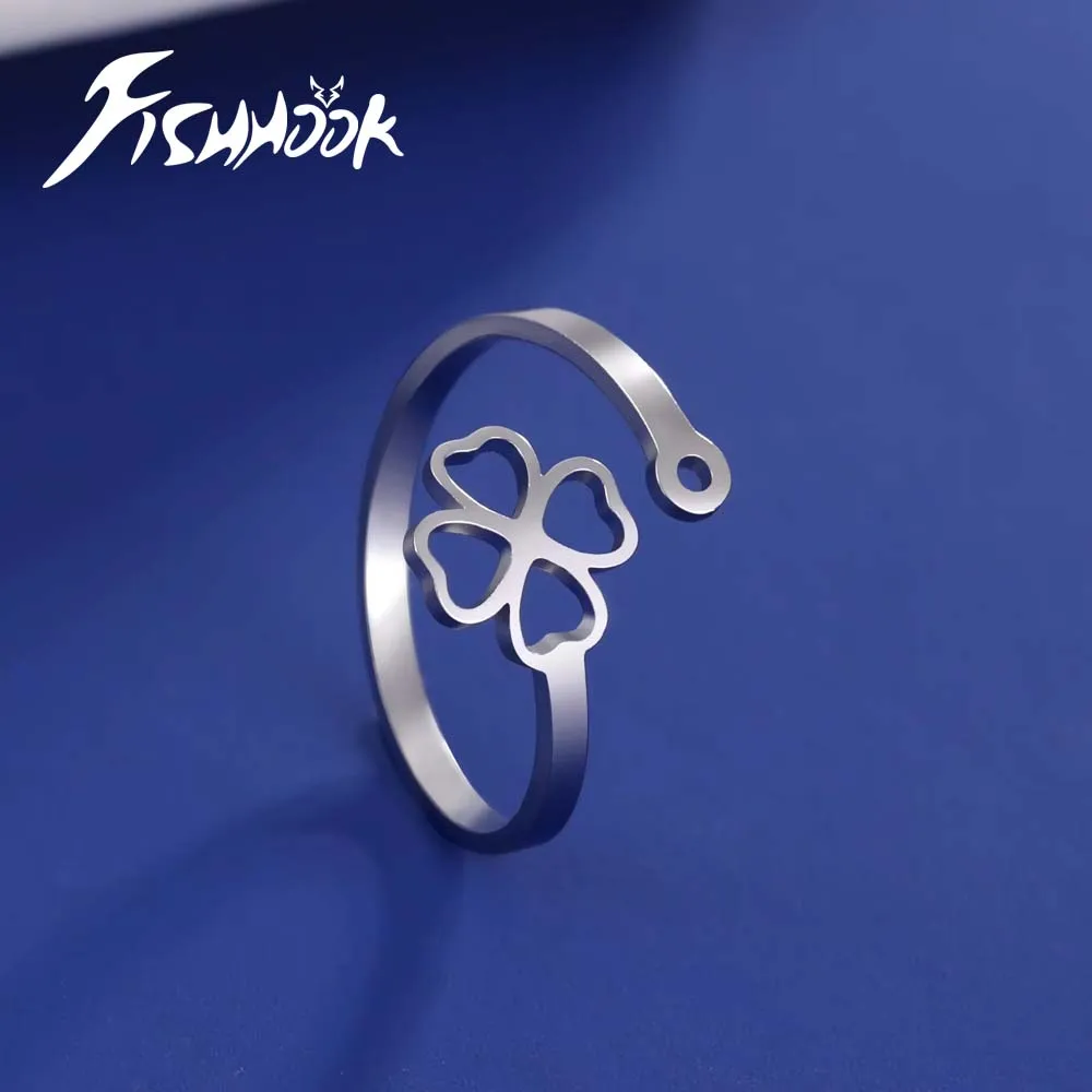 Fishhook Four Leaf Clover Finger Ring Gift For Men Woman Couple Adjustable Supernatural Amulet Fashion Jewelry Stainless Steel