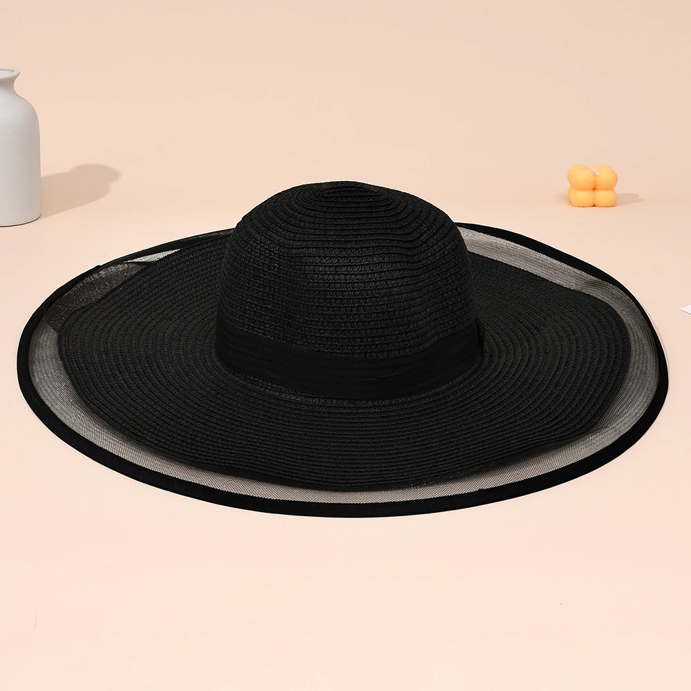 Sombrero de verano con ala grande para cubrir la cara, estilo Hepburn, temperamento de moda, malla con borde de encaje, sombrilla de paja para mujer