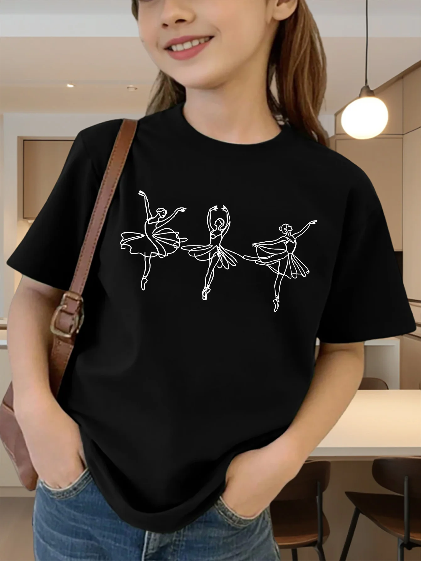 Cute Three Ballerina Line Art Print Graphic Kids Tee Boys Girls Family Matching Cotton Crew Neck Short Sleeve Soft Summer Tee
