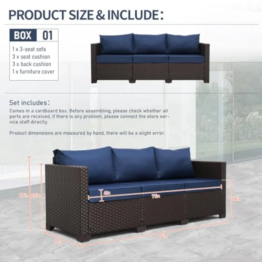 Patio Furniture Outdoor Couch 3 Seater Sofa Brown Wicker Deep Seat High Backrest with Non-Slip Cushions and Waterproof Cover, N image 2
