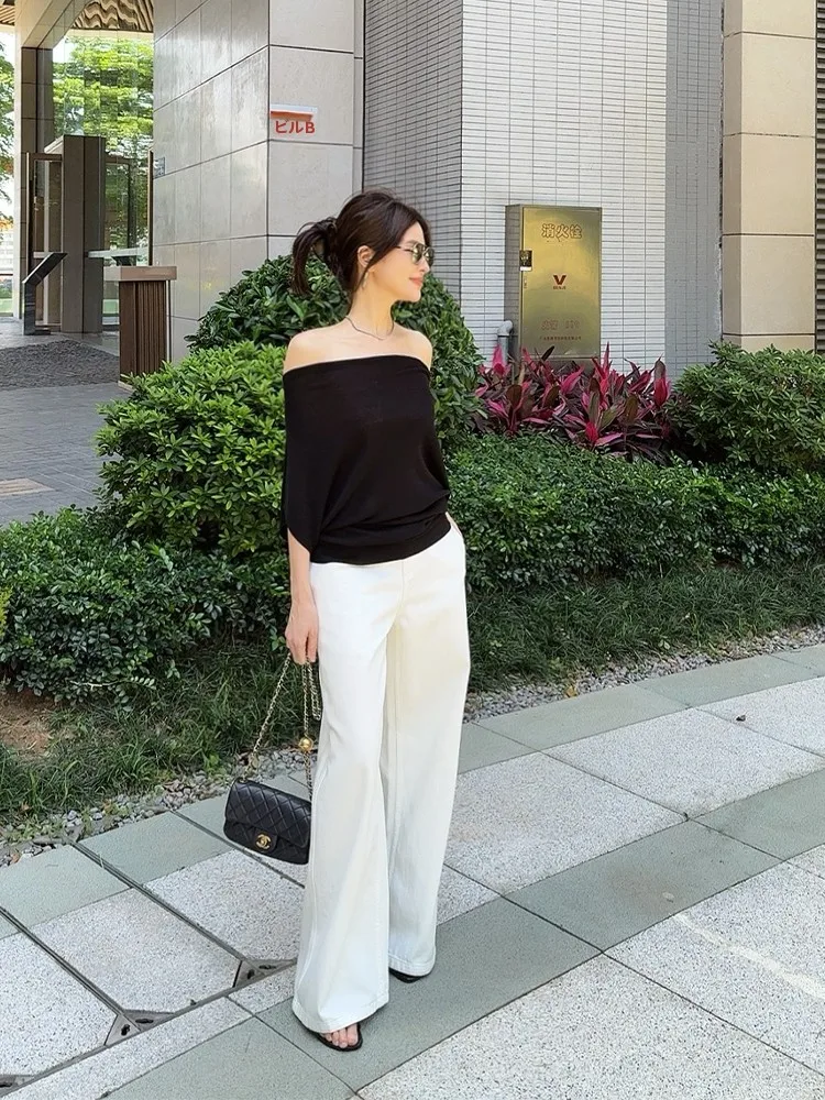 

White Wide Leg Floor-Length Jeans Women's Summer New High Waist Slimming Loose Long Pants Casual Sle Zipper Closure