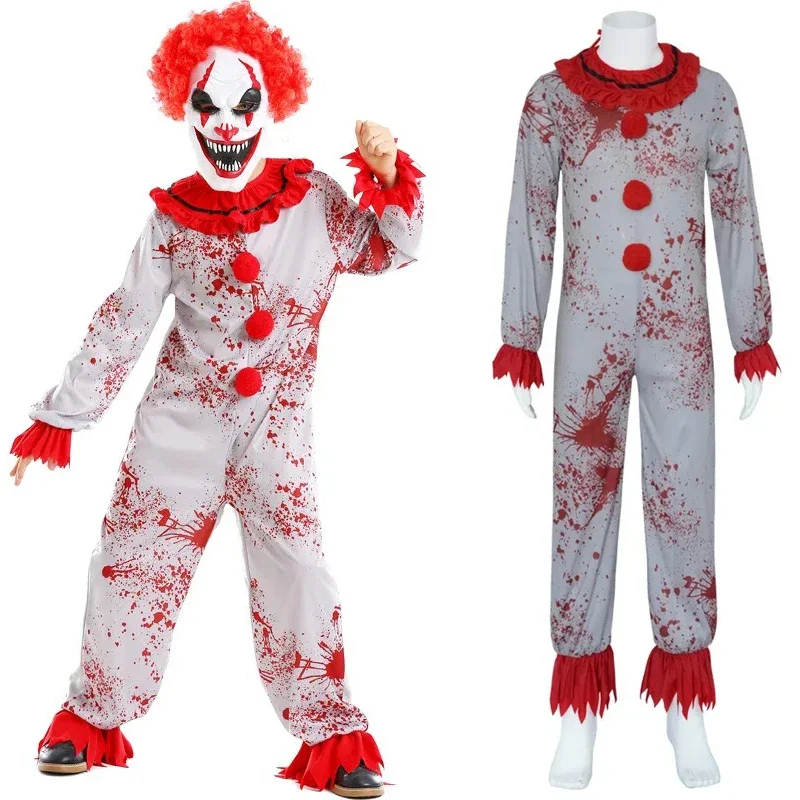 

Movie Killer Clown Joker Costume Kids Unisex Scary Horror Jumpsuit Bloody Fancy Bodysuit Halloween Outfit Party Uniform