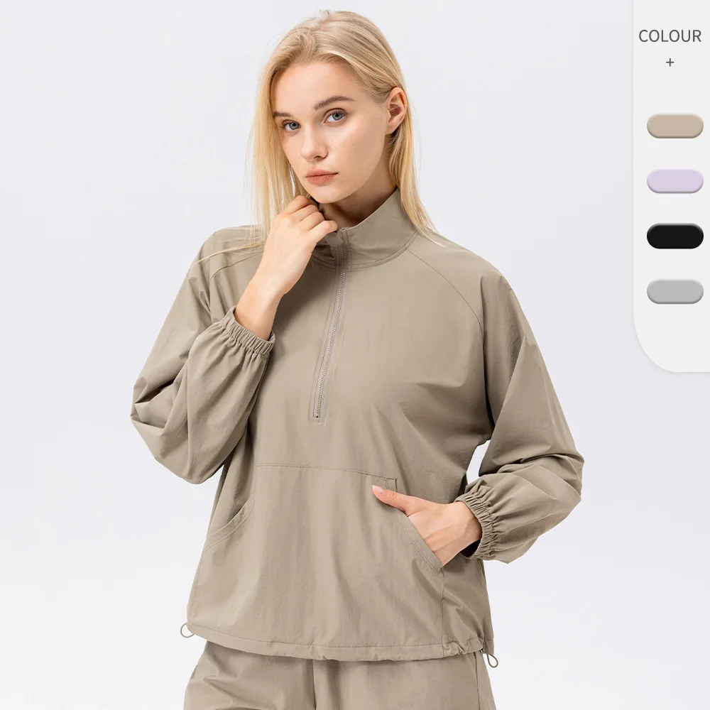 

Осенне-зимняя спортивная толстовка женская с воротником-стойкой, на молнии до середины, быстросохнущая, дышащая, для бега, с длинными рукавами, свободного кроя, повседневная