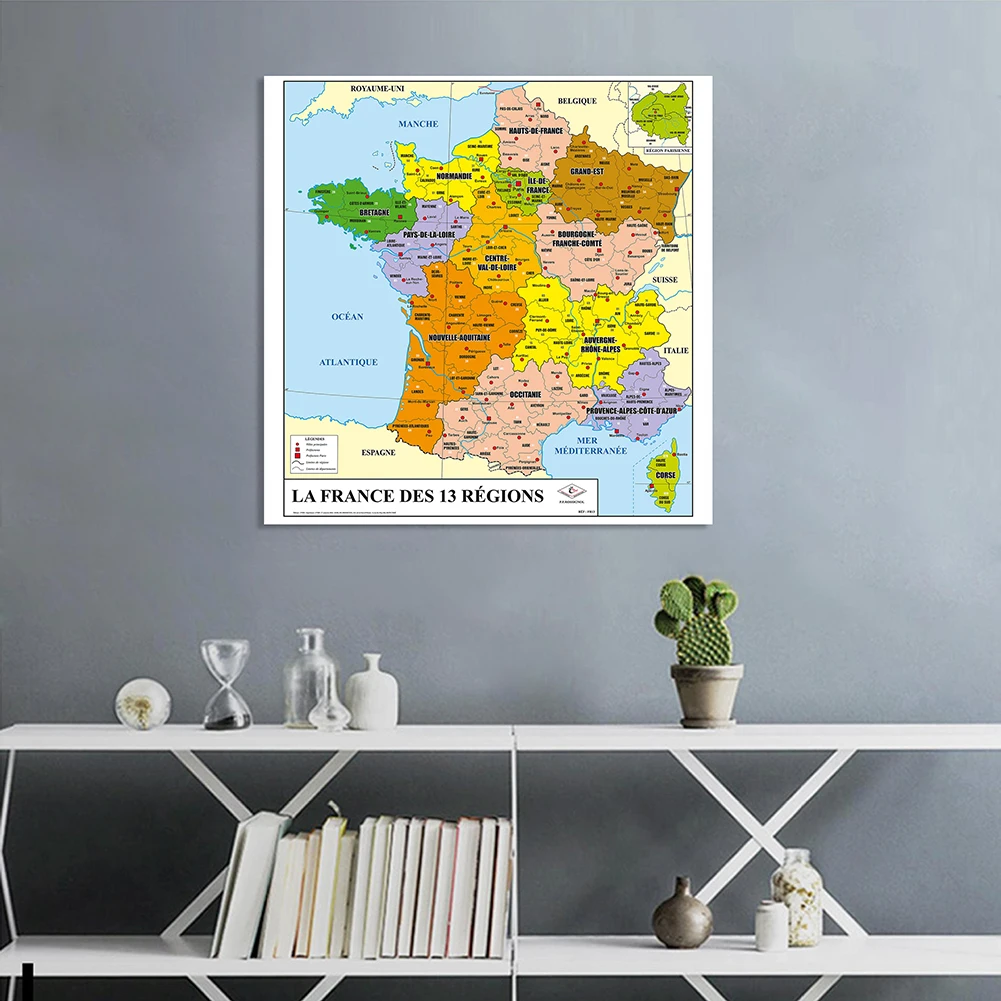 90*90cm Political Map of The France In French Non-woven Canvas Painting Wall Poster Classroom Home Decor School Supplies