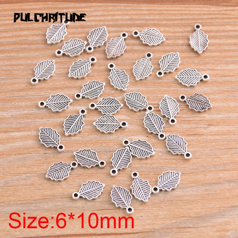 100PCS 6*10mm Two Color Vintage Metal Zinc Alloy Small Leaves Charms Fit Jewelry Animal Pendant Charms Makings