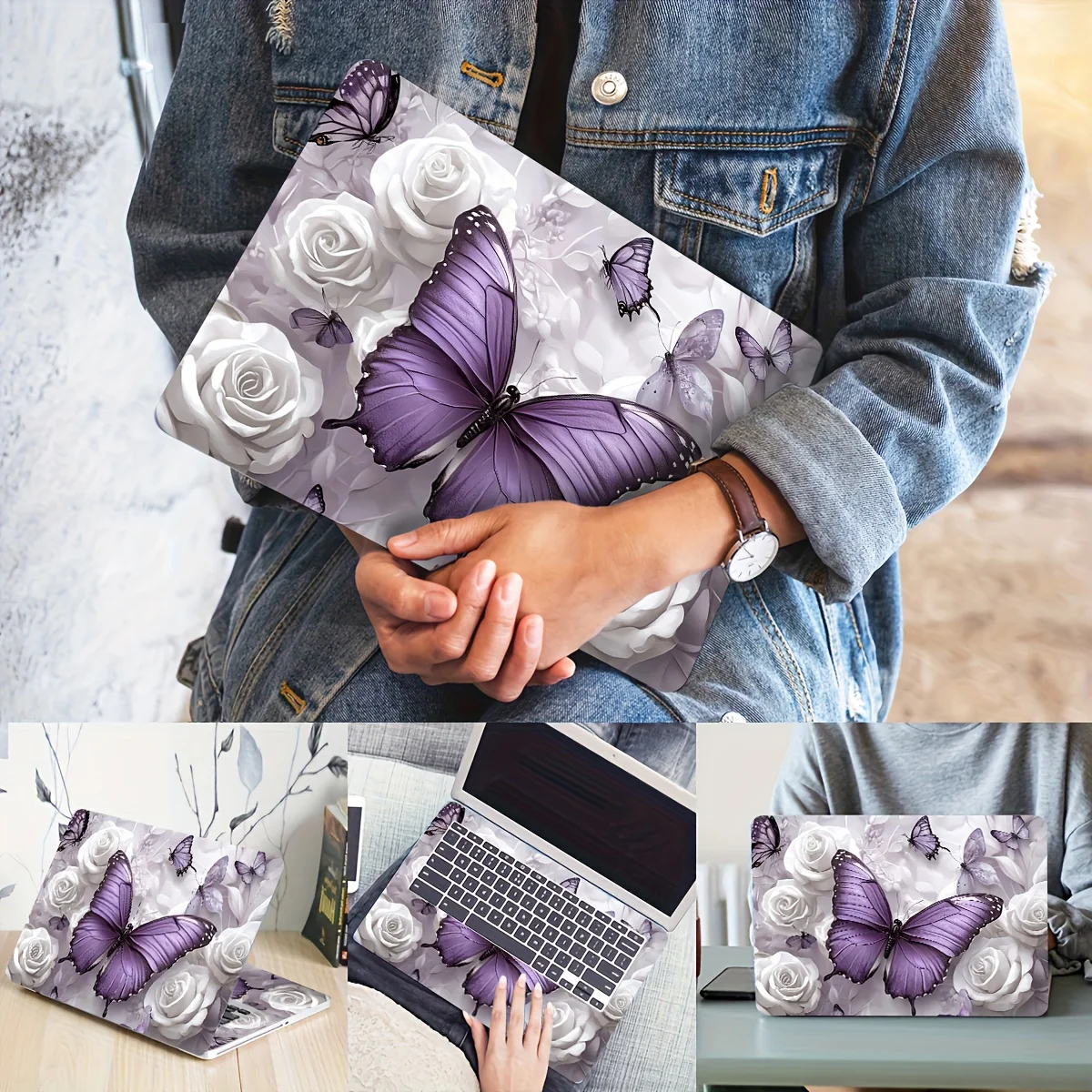 2Pcs Flower Butterfly Laptop Skin Sticker Waterproof Scratch Resistant PVC Stickers for Laptops Laptops Cars Decal Sticker