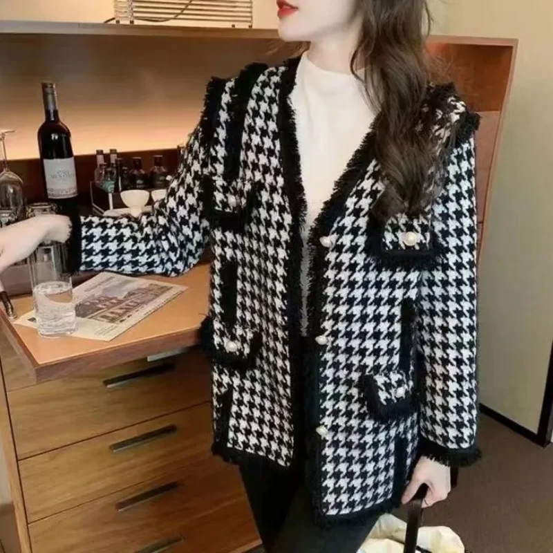 Manteau en laine pied-de-poule pour femme, vêtement haut de gamme, pour petites personnes, nouvelle collection automne et hiver 2025