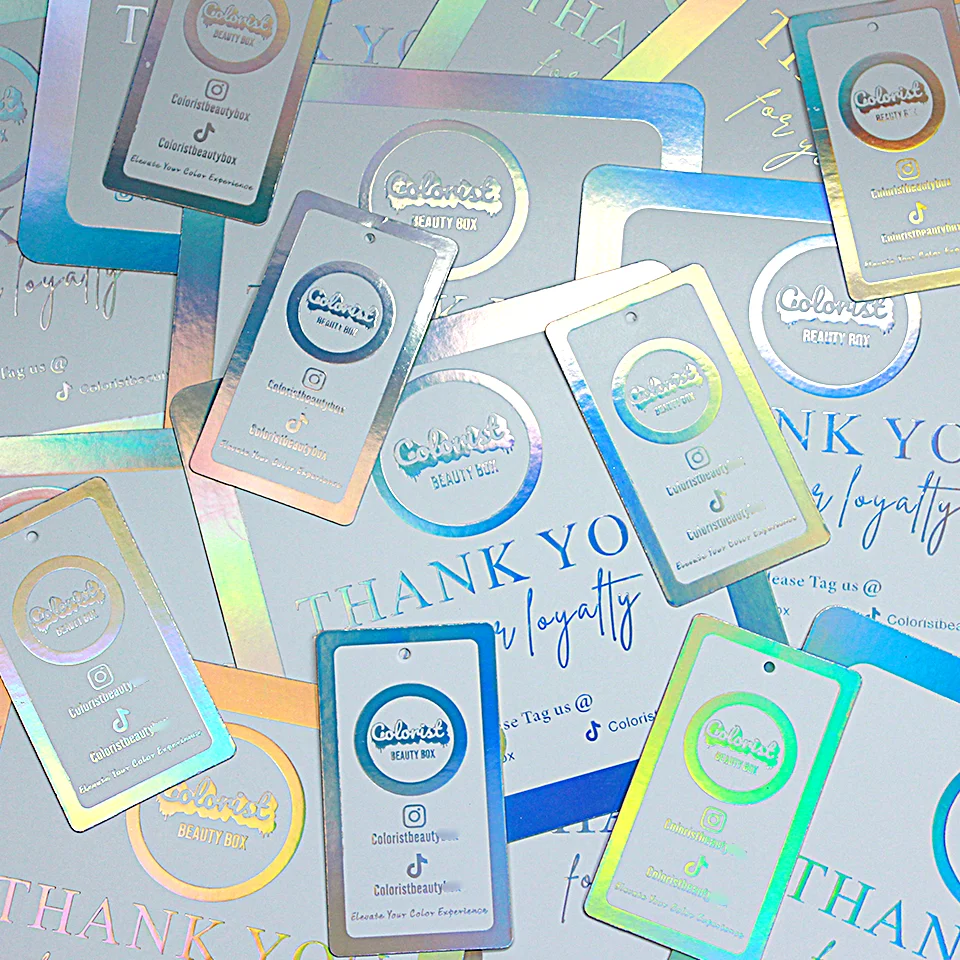 Custom LOGO Hologram Printing Hangtag for Clothing Glitter Laser Swing Tags Holographic Silver Thank You Card Boutique Gift Card