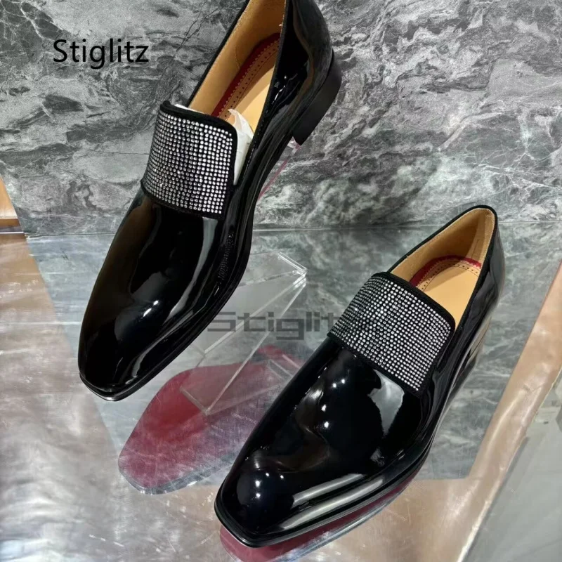 Rhinestone Square Toe Men\'s Dress Shoes Black Bright Leather Business Office Wedding Shoes Slip On Loafers Luxury Mlae Shoes