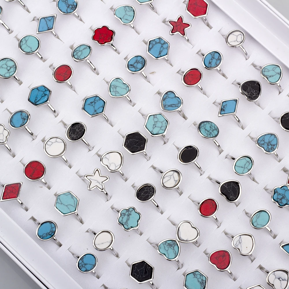 50 Pcs/Lot Retro Stone Rings Men Vintage Alloy Couple Turquoise Jewelry Rings Women Wedding Wholesale Gifts