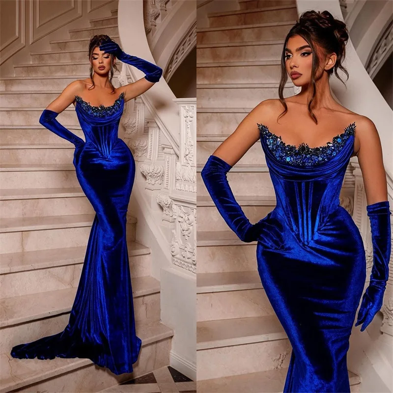 

Royal Blue Velvet Prom Dress Mermaid Crystal Beaded Evening Gown With Detachable Sleeve Custom Made Lace Up Back Robes De Mariée